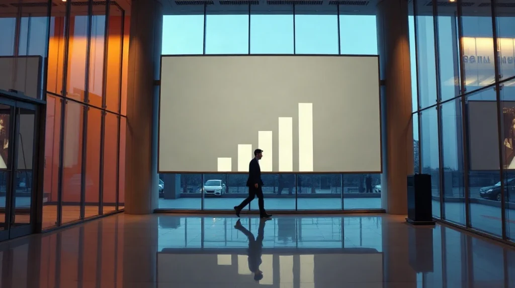 Modern corporate lobby at dusk representing Strive's bitcoin treasury holdings