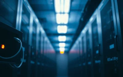 Rack-mounted Ethereum node server with warning light in a dim server room