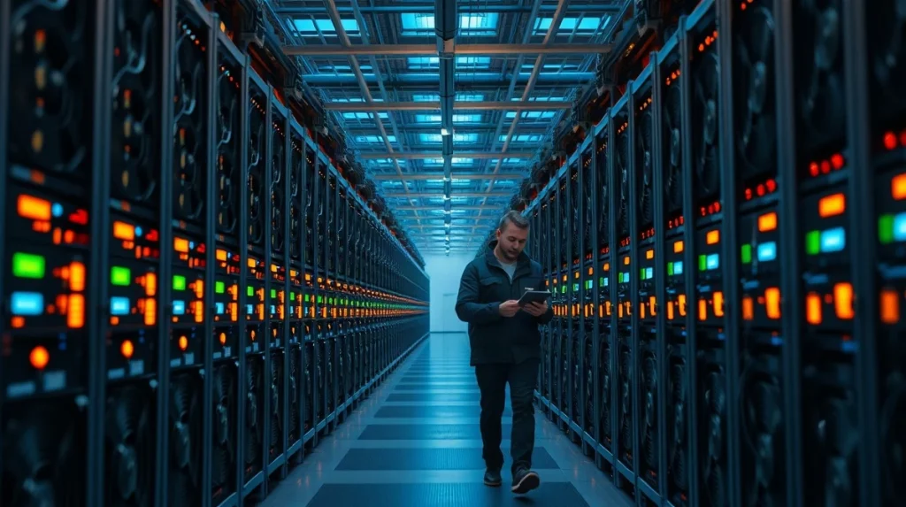Rows of ASIC Bitcoin miners inside an industrial mining facility aisle