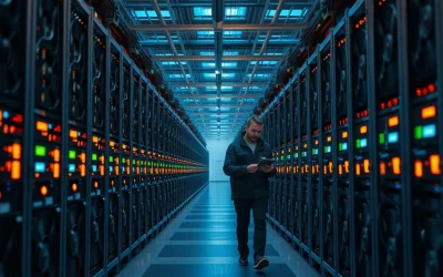 Rows of ASIC Bitcoin miners inside an industrial mining facility aisle