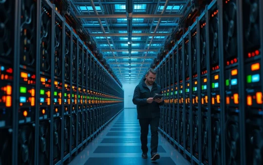 Rows of ASIC Bitcoin miners inside an industrial mining facility aisle
