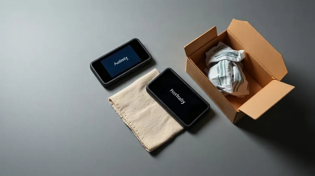 Two hardware wallet devices beside an opened plain shipping box on a gray desk
