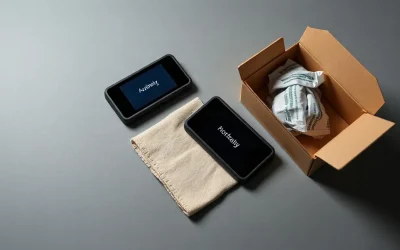 Two hardware wallet devices beside an opened plain shipping box on a gray desk
