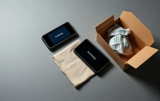 Two hardware wallet devices beside an opened plain shipping box on a gray desk
