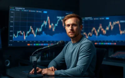 Analyst in a studio discussing Bitcoin ETF flows and market charts