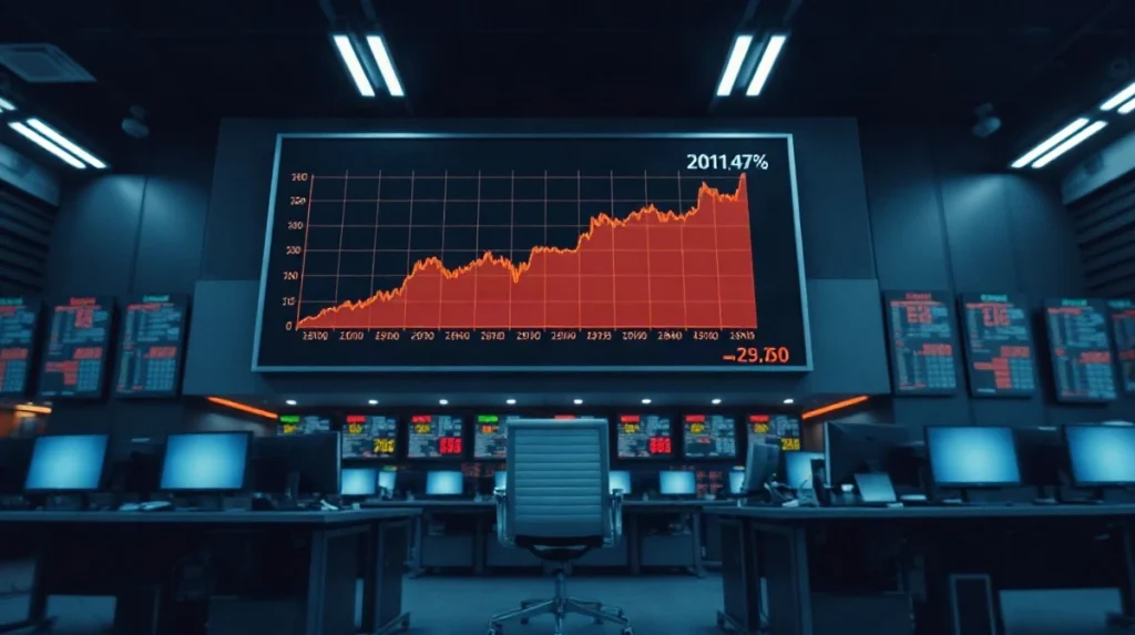Financial trading floor display showing a rising inflation chart after the September US CPI report