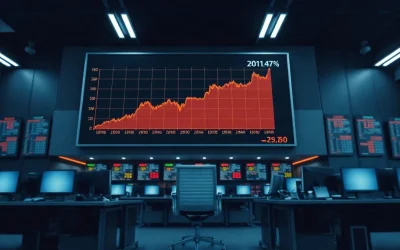 Financial trading floor display showing a rising inflation chart after the September US CPI report