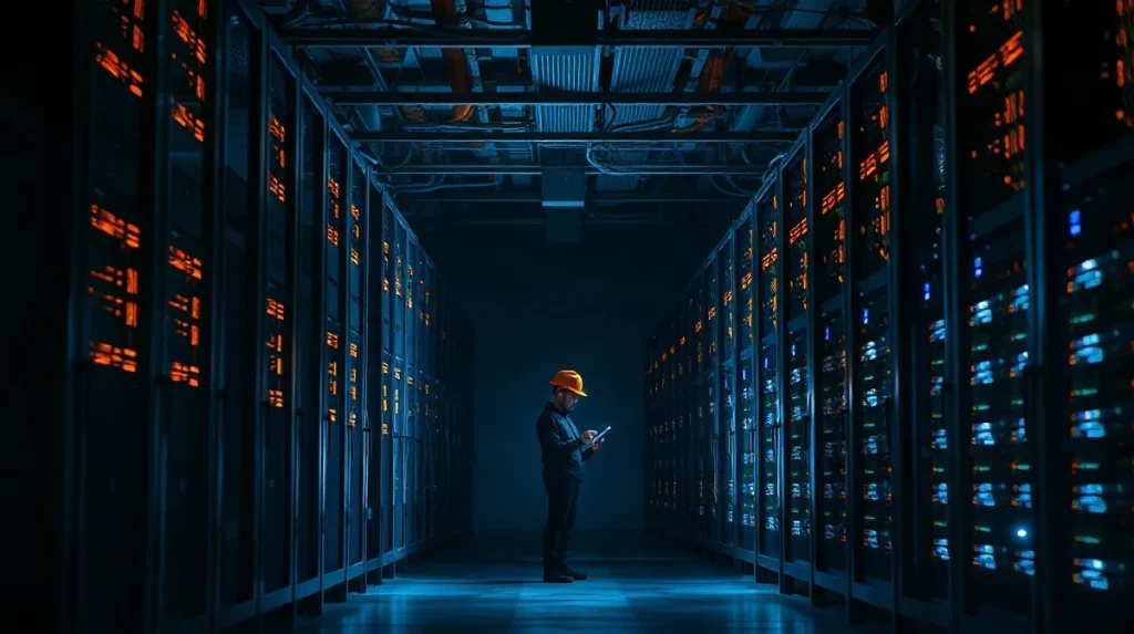 Data center aisle with miner racks and GPU servers under mixed orange and blue lighting