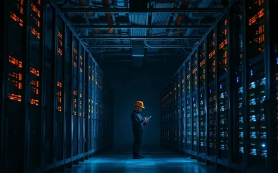 Data center aisle with miner racks and GPU servers under mixed orange and blue lighting