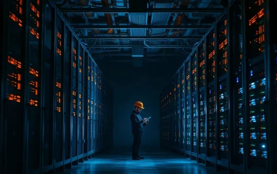 Data center aisle with miner racks and GPU servers under mixed orange and blue lighting