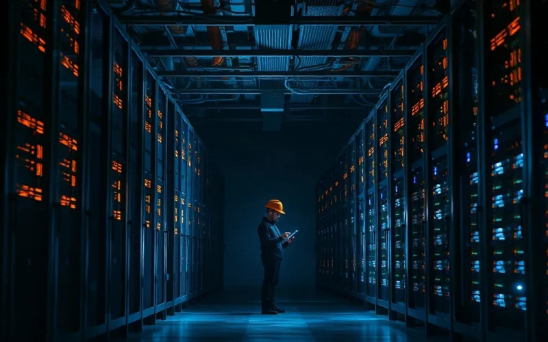 Data center aisle with miner racks and GPU servers under mixed orange and blue lighting