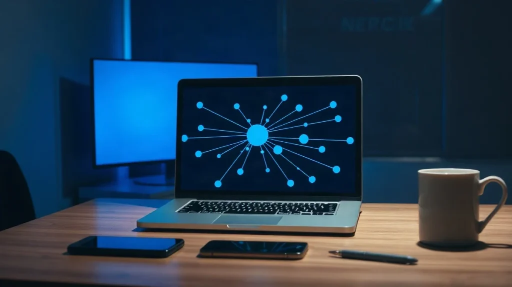 Laptop on a desk displaying an abstract network routing diagram beside a smartphone