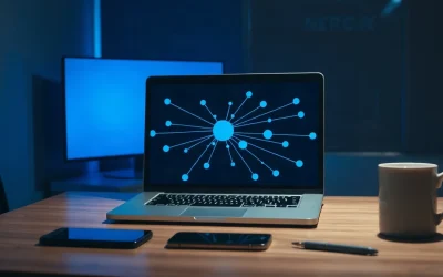 Laptop on a desk displaying an abstract network routing diagram beside a smartphone