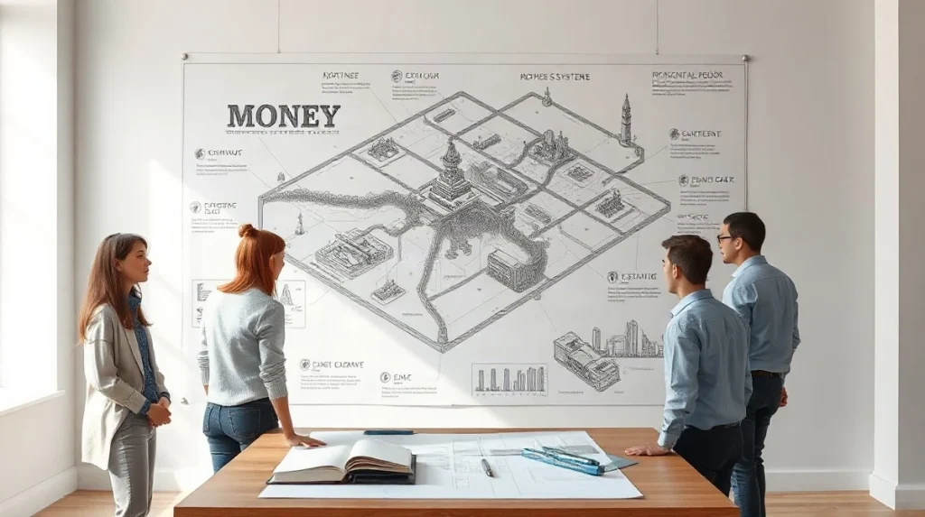 Intricate hand-drawn map of a monetary system as reservoirs and canals pinned to a studio wall