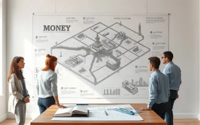 Intricate hand-drawn map of a monetary system as reservoirs and canals pinned to a studio wall