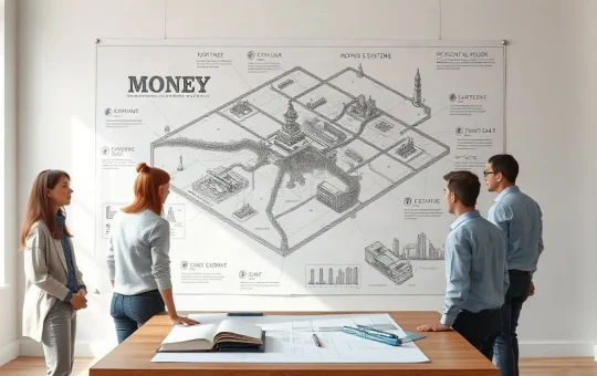 Intricate hand-drawn map of a monetary system as reservoirs and canals pinned to a studio wall