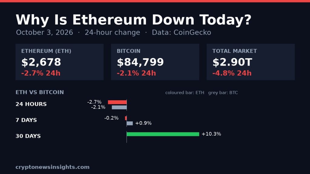 Chart card: Ethereum 24-hour change on October 3, 2026 against Bitcoin and the total crypto market