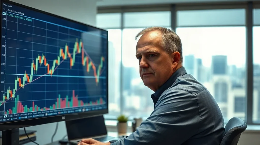 Financial analyst studying a tightly compressed XRP price chart on a desktop monitor in a dim office.