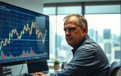 Financial analyst studying a tightly compressed XRP price chart on a desktop monitor in a dim office.