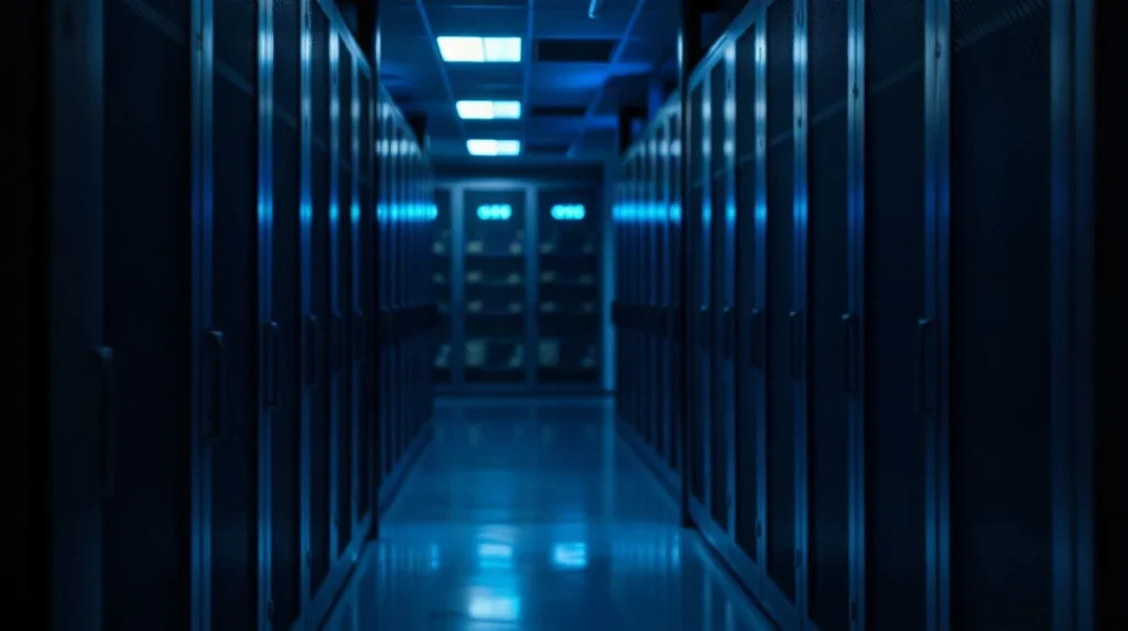 Server rack with rows of glowing indicator lights in a dim data center, illustrating automated payment activity