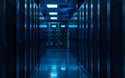 Server rack with rows of glowing indicator lights in a dim data center, illustrating automated payment activity