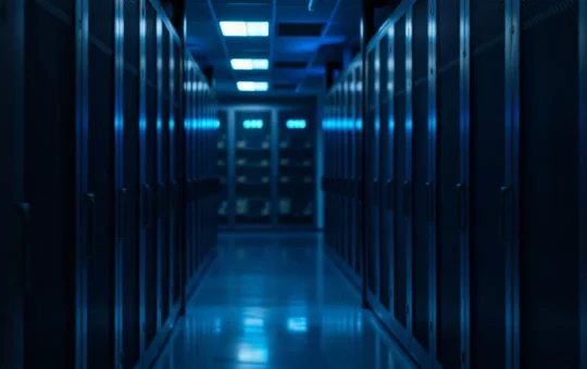 Server rack with rows of glowing indicator lights in a dim data center, illustrating automated payment activity