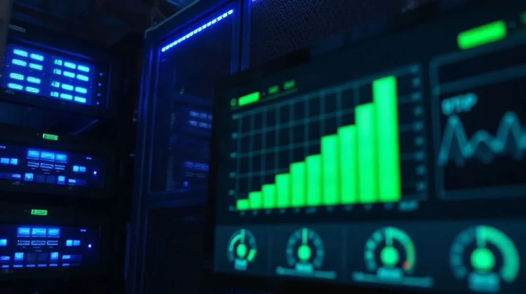 Server rack in a data center with a blurred dashboard monitor in the foreground