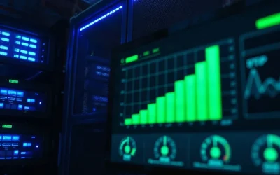 Server rack in a data center with a blurred dashboard monitor in the foreground
