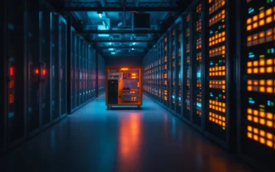 Server room with one illuminated node representing XRP Ledger validator consensus