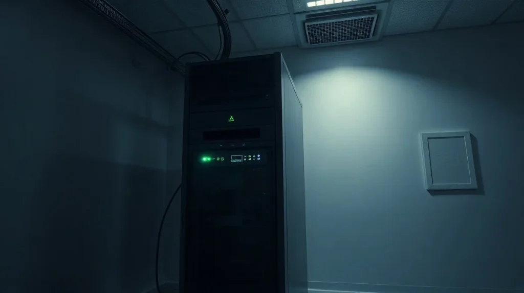 Server rack in a dimly lit crypto network operations room with green status lights