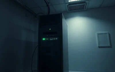 Server rack in a dimly lit crypto network operations room with green status lights