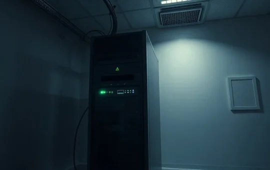Server rack in a dimly lit crypto network operations room with green status lights