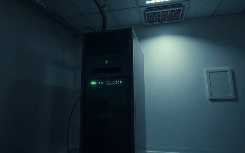 Server rack in a dimly lit crypto network operations room with green status lights