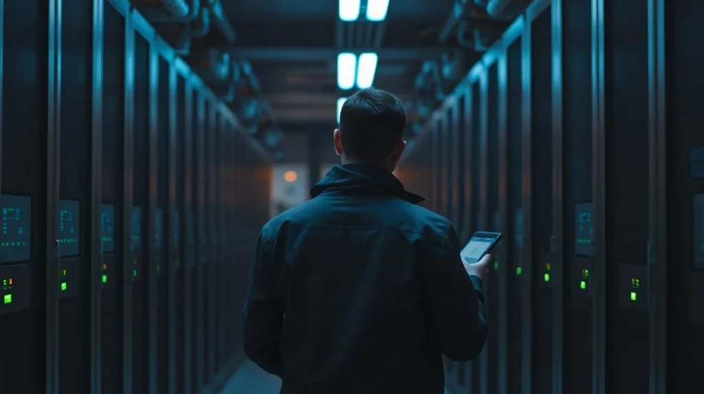 Technician checking server racks in a dim data center at night