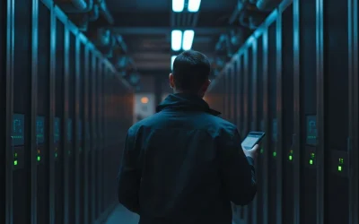 Technician checking server racks in a dim data center at night