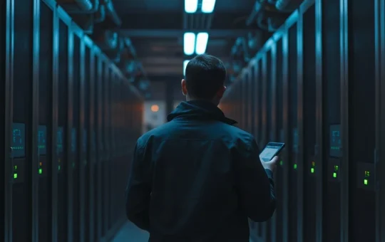 Technician checking server racks in a dim data center at night