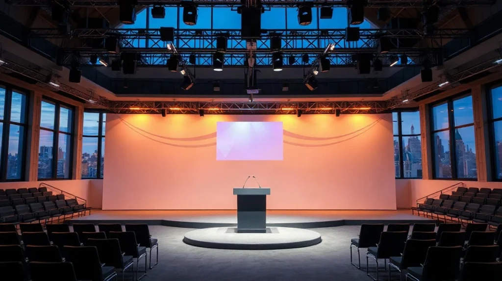 Empty podium and seating inside a New York conference hall before Ripple's Swell 2026 event