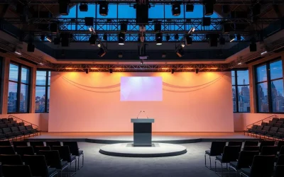 Empty podium and seating inside a New York conference hall before Ripple's Swell 2026 event