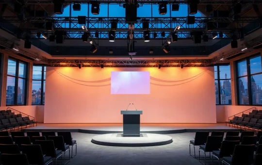 Empty podium and seating inside a New York conference hall before Ripple's Swell 2026 event