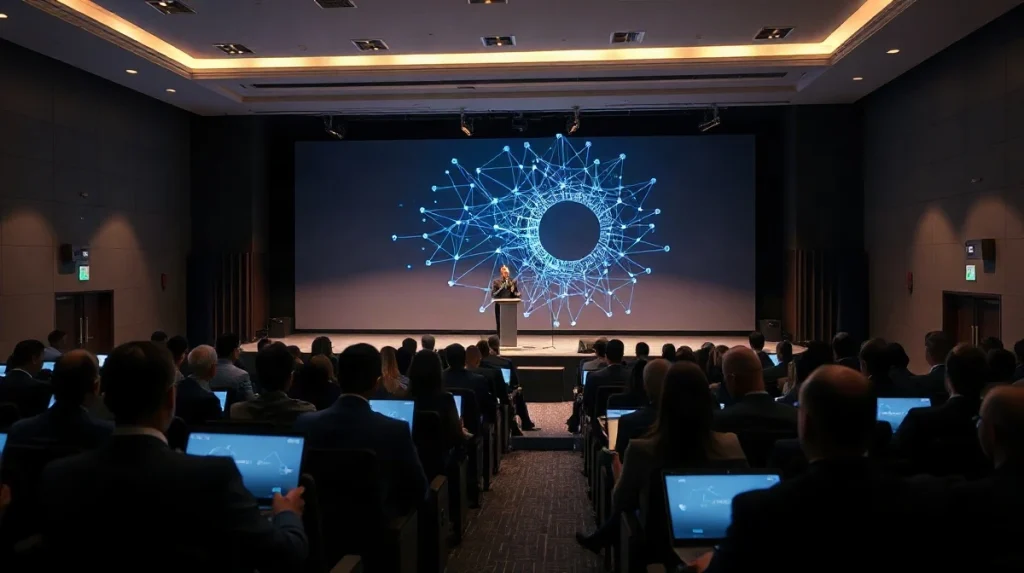 Speaker on stage at a blockchain conference in Seoul during a keynote address, audience seated in foreground