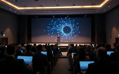 Speaker on stage at a blockchain conference in Seoul during a keynote address, audience seated in foreground