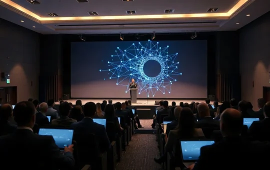 Speaker on stage at a blockchain conference in Seoul during a keynote address, audience seated in foreground