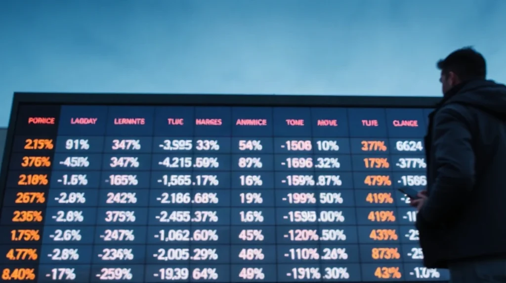 Digital market data board at dusk with a blurred figure holding a phone