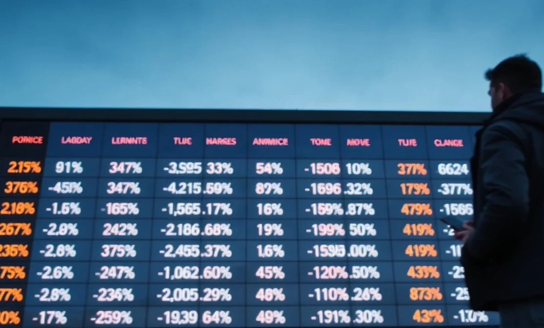 Digital market data board at dusk with a blurred figure holding a phone