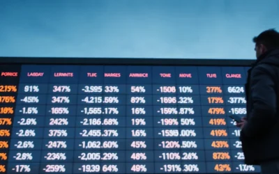 Digital market data board at dusk with a blurred figure holding a phone