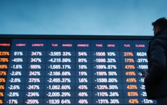 Digital market data board at dusk with a blurred figure holding a phone
