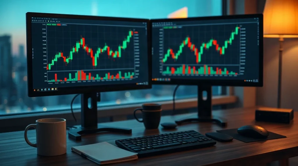 Trader's desk with two monitors showing crypto candlestick charts at dusk