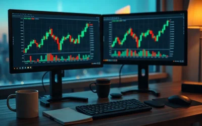Trader's desk with two monitors showing crypto candlestick charts at dusk