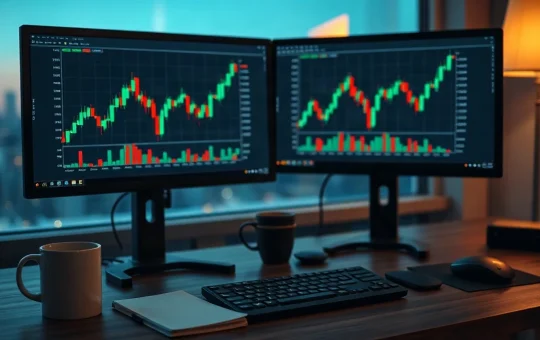 Trader's desk with two monitors showing crypto candlestick charts at dusk