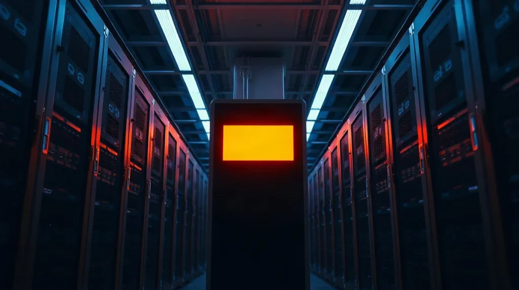 Server rack with an illuminated indicator panel indicating a pending network software update